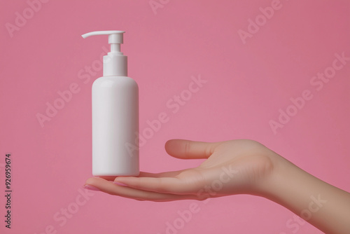 hand is holding a white bottle of lotion. The bottle is almost empty, and the pink background suggests a sense of intimacy or personal care