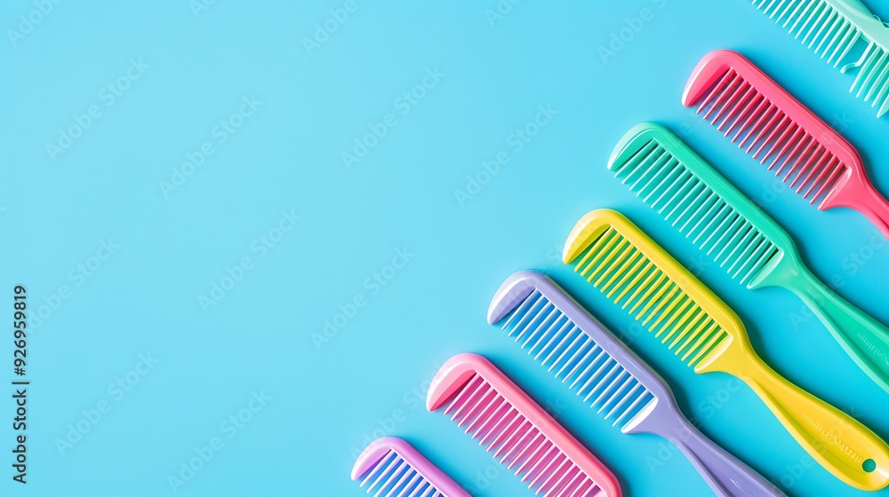 Hair care is a creative concept colored doll combs on a blue background Hair care is a creative concept colored doll combs on a blue background