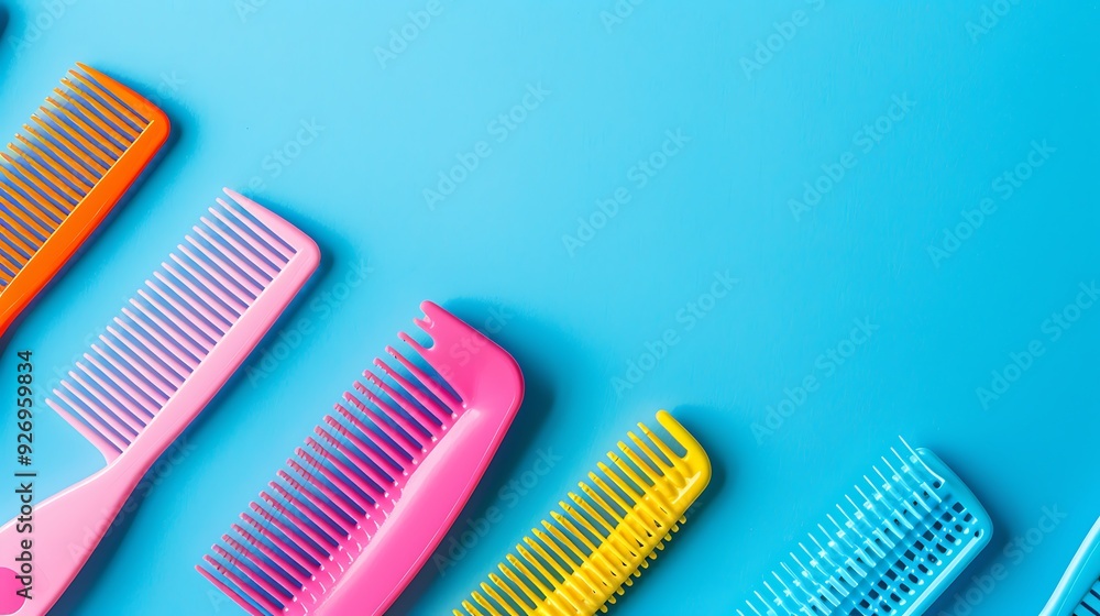 Hair care is a creative concept colored doll combs on a blue background Hair care is a creative concept colored doll combs on a blue background