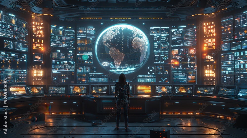 Futuristic Control Room with AI Algorithms Processing Complex Data, Space for Text Below
