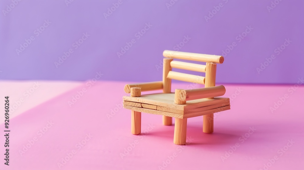 Handmade miniature wooden chair and table set on sit birdson pink and purple background Handmade miniature wooden chair and table set on sit birdson pink and purple background