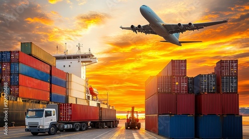 Global Trade at Sunset A Cargo Ship Plane and Trucks Load Containers Against a Dramatic Sky