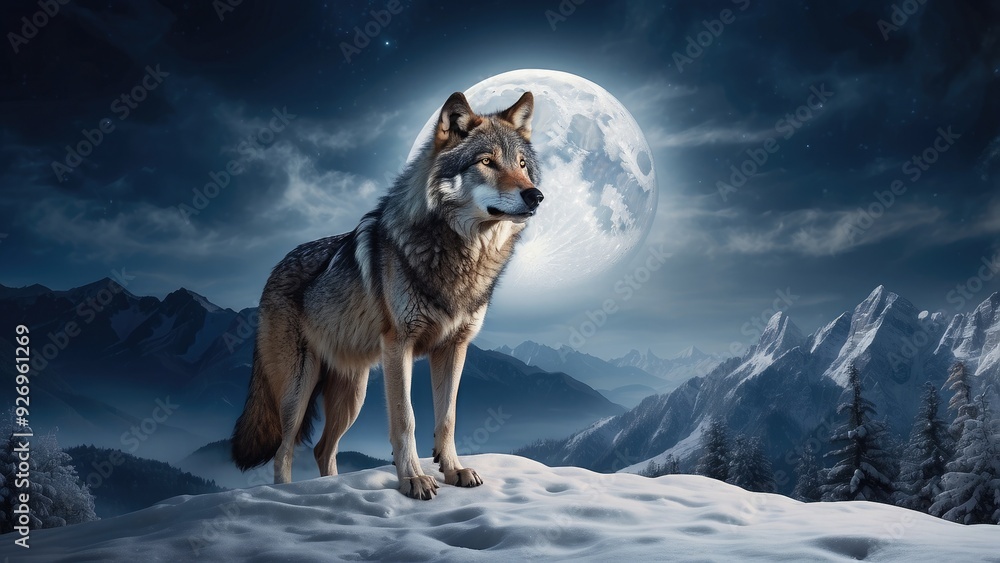 Majestic wolf standing on a snowy hill, full moon in the background, piercing gaze, winter landscape. Majestic wolf standing on a snowy hill, full moon in the background, piercing gaze, winter landscape.