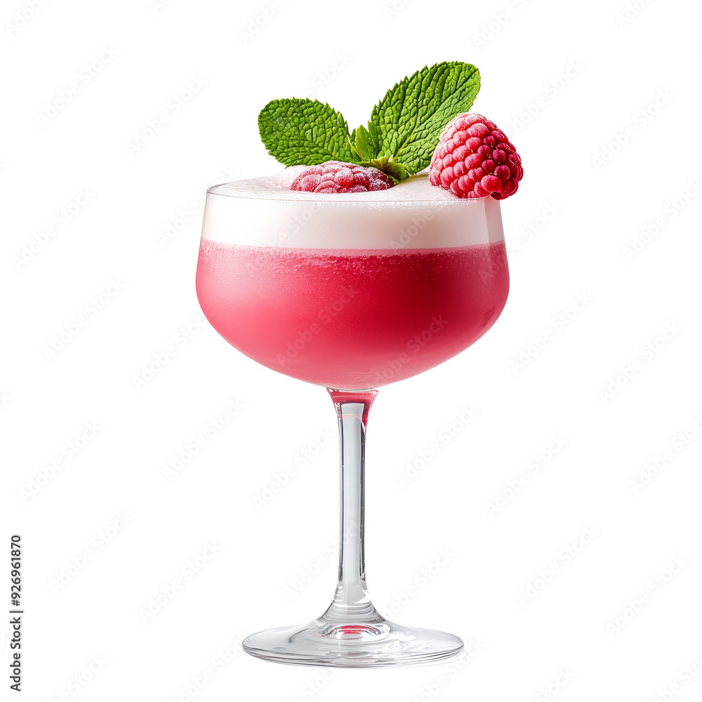 Pink cocktail with foam, raspberries, and mint in a coupe glass on a transparent background. Pink cocktail with foam, raspberries, and mint in a coupe glass on a transparent background.