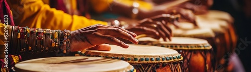 Close-up of hands playing traditional drums, capturing the rhythm and cultural richness in vibrant colors and detailed textures.