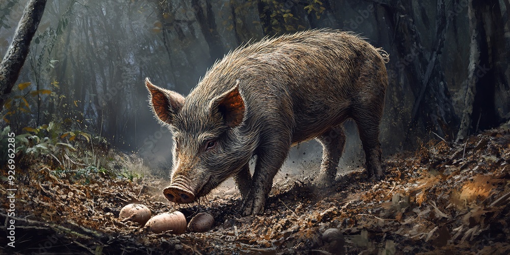 A feral pig, with muddy fur, energetically digs into the earthy forest floor with its snout, uncovering hidden roots and tubers to sate its hunger. A feral pig, with muddy fur, energetically digs into the earthy forest floor with its snout, uncovering hidden roots and tubers to sate its hunger.