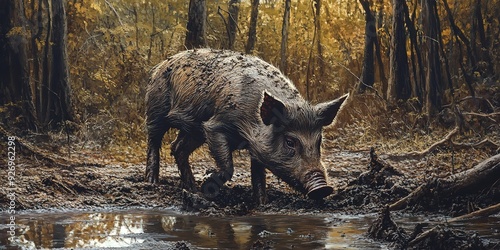 A feral pig, with muddy fur, energetically digs into the earthy forest floor with its snout, uncovering hidden roots and tubers to sate its hunger.  photo