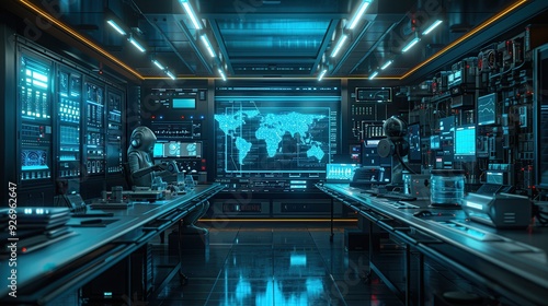 Futuristic High-Tech Lab with AI Systems Processing Real-Time Data for Text Overlay