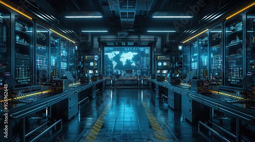 Futuristic High-Tech Lab with AI Systems Processing Real-Time Data for Text Space Below