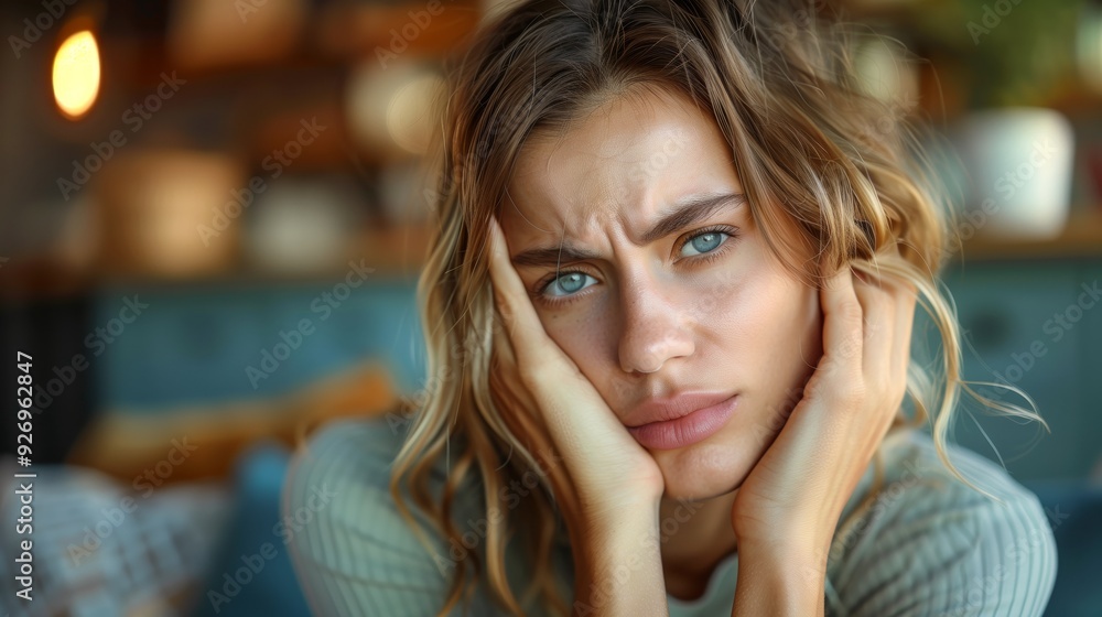 Tired woman with head in hands suffering from neck pain and back at home Tired woman with head in hands suffering from neck pain and back at home