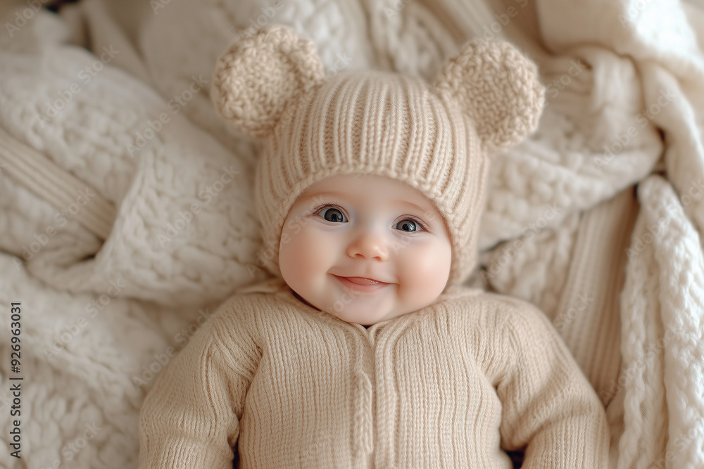 baby wearing a bear hat and a brown sweater is smiling. The baby is laying on a bed with a blanket baby wearing a bear hat and a brown sweater is smiling. The baby is laying on a bed with a blanket