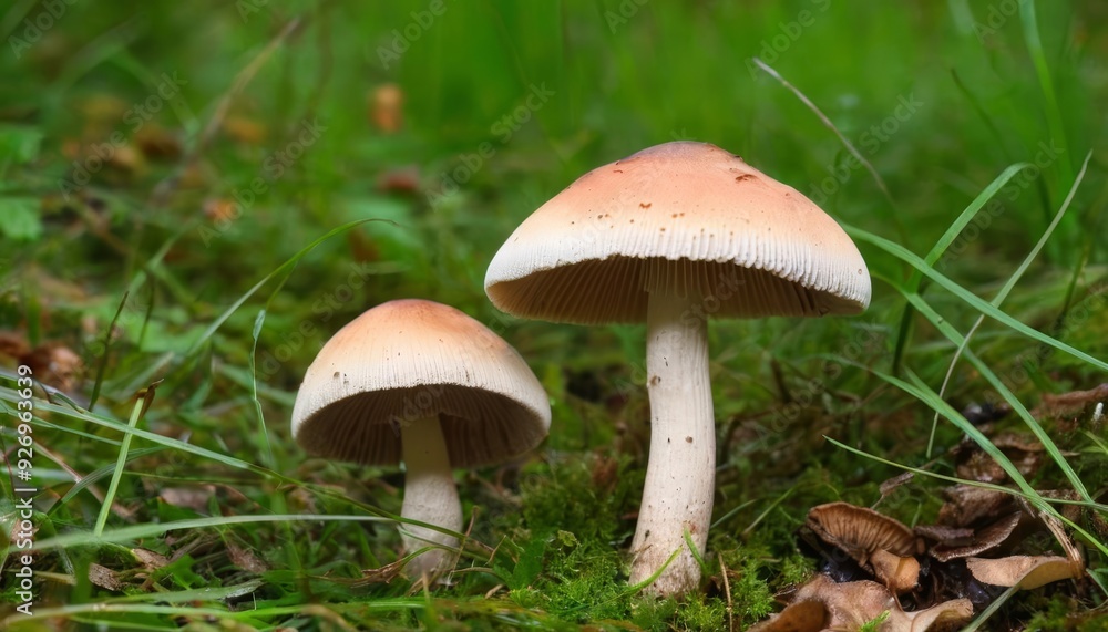 Natures delicate dance two mushrooms in harmony Natures delicate dance two mushrooms in harmony