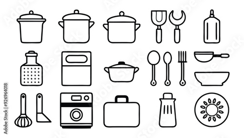 kitchen Cooking utensils icons item set collection vector illustration, black and white