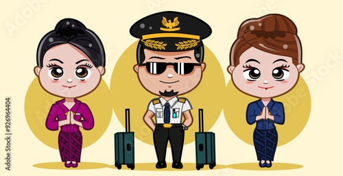 CIMAHI,INDONESIA-AUGUST 16, 2024-Cute chibi kawaii a pilot and two beauty flight attendant with suitcase. Face vector character illustration graphic design for collection, poster,background,wallpaper,