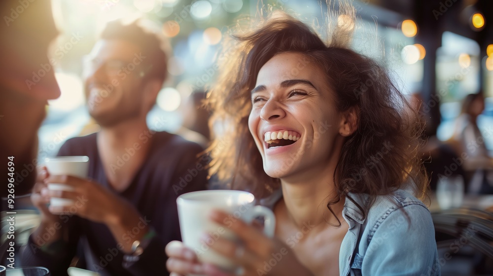 Happy woman laughing while drinking coffee with her male friend in the cafe Happy woman laughing while drinking coffee with her male friend in the cafe