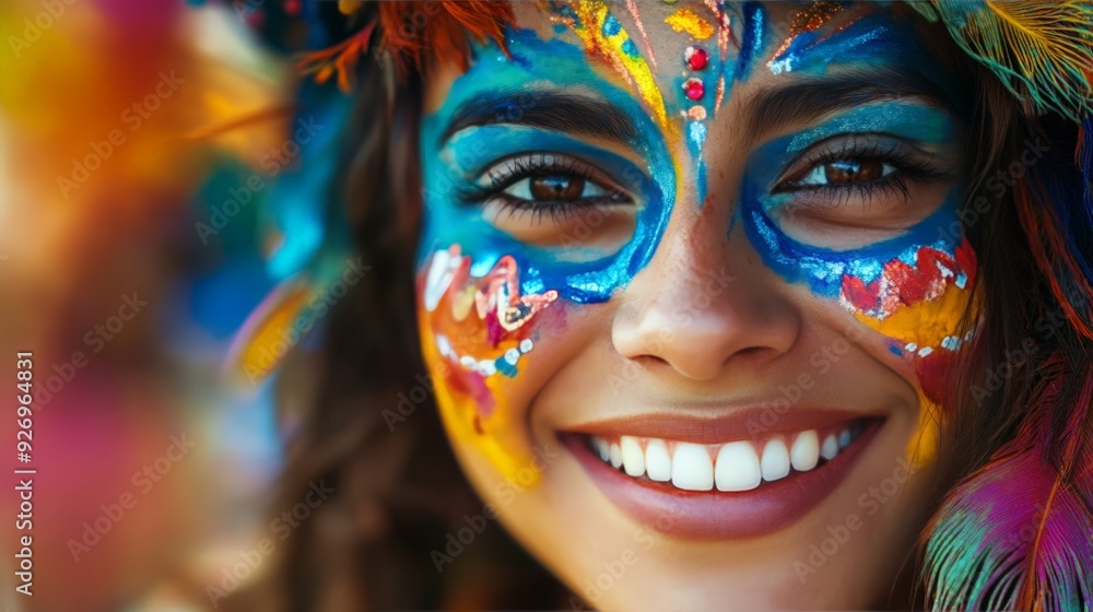 Close-up of a woman with vibrant and colorful face paint, smiling at a festival. Her painted face reflects a joyful and lively atmosphere. Close-up of a woman with vibrant and colorful face paint, smiling at a festival. Her painted face reflects a joyful and lively atmosphere.