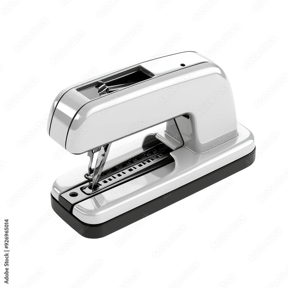 Silver and black stapler on a white background. Silver and black stapler on a white background.