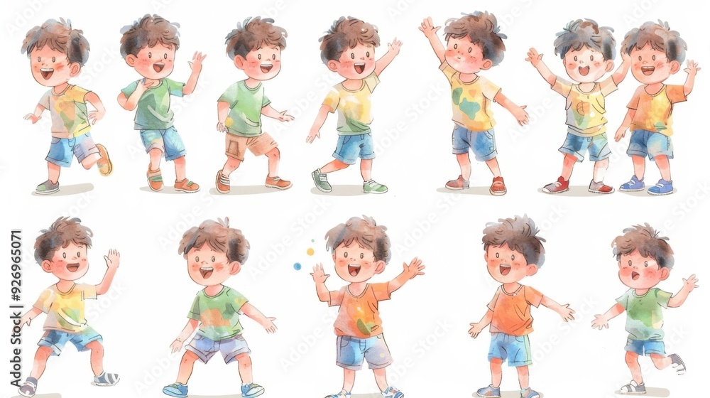 A series of full-body watercolor illustrations of a 7-year-old boy, depicted in different poses such as waving, running, and playing, with expressive facial features that convey emotions like A series of full-body watercolor illustrations of a 7-year-old boy, depicted in different poses such as waving, running, and playing, with expressive facial features that convey emotions like