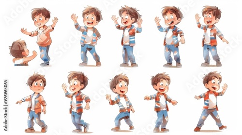 A series of full-body watercolor illustrations of a 7-year-old boy, depicted in different poses such as waving, running, and playing, with expressive facial features that convey emotions like 