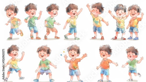 A series of full-body watercolor illustrations of a 7-year-old boy, depicted in different poses such as waving, running, and playing, with expressive facial features that convey emotions like 