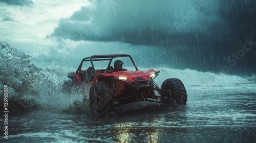 Fototapeta Naklejka Na Ścianę i Meble -  A cool off-road buggy drives fast along the beach during heavy rain and wind, splashing water and mud everywhere