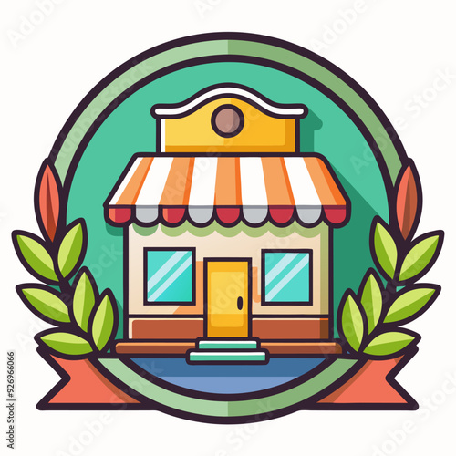 A Colorful Cartoon Illustration of a Storefront with a Green Laurel Wreath