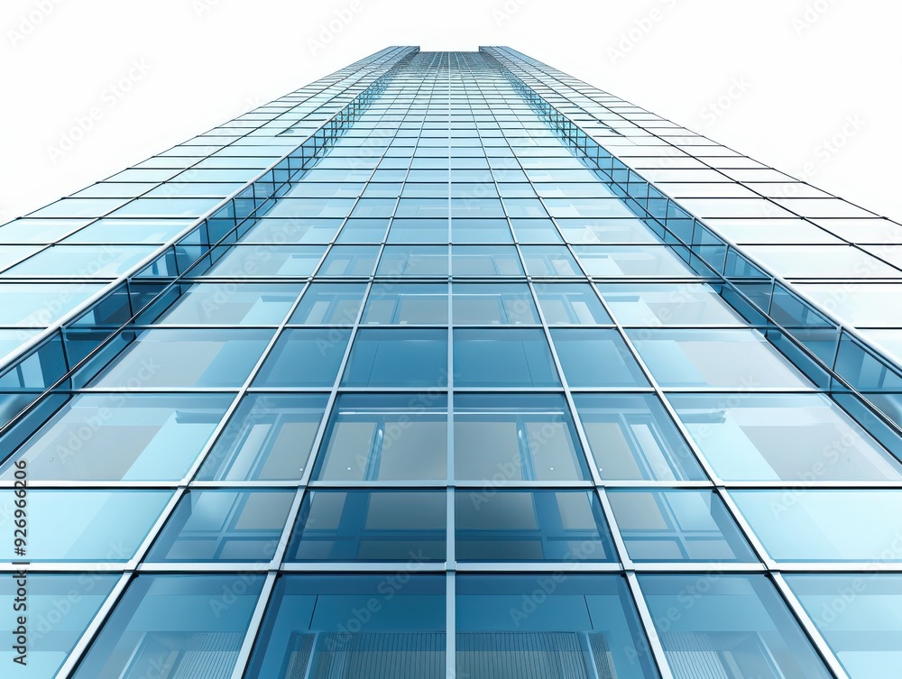 A stunning perspective view of a modern glass skyscraper reflecting sunlight against a clear sky. A stunning perspective view of a modern glass skyscraper reflecting sunlight against a clear sky.