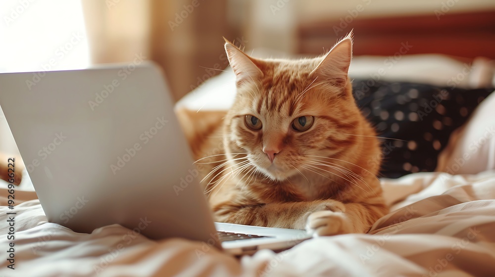 Old red ginger funny cat lying at home on bed with laptop