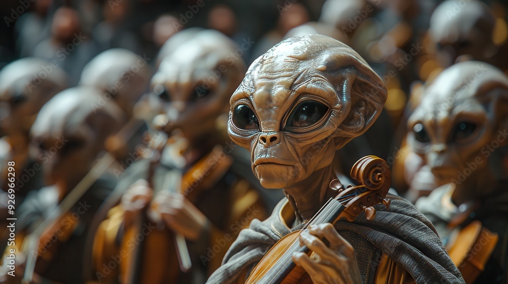 Alien Orchestra: Surreal Image of Extraterrestrial Musician in Human Band Symbolizing Cultural Exchange on Blank Space Background Alien Orchestra: Surreal Image of Extraterrestrial Musician in Human Band Symbolizing Cultural Exchange on Blank Space Background