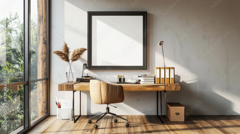 A modern home office with a wooden desk, neatly arranged with stationery and books, and an empty black frame on the wall. The room is bathed in natural light from a window overlooking nature, A modern home office with a wooden desk, neatly arranged with stationery and books, and an empty black frame on the wall. The room is bathed in natural light from a window overlooking nature,