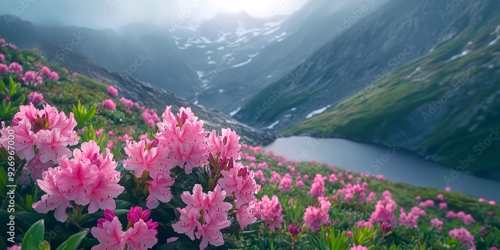 Fototapeta premium Magic pink rhododendron flowers on summer mountain