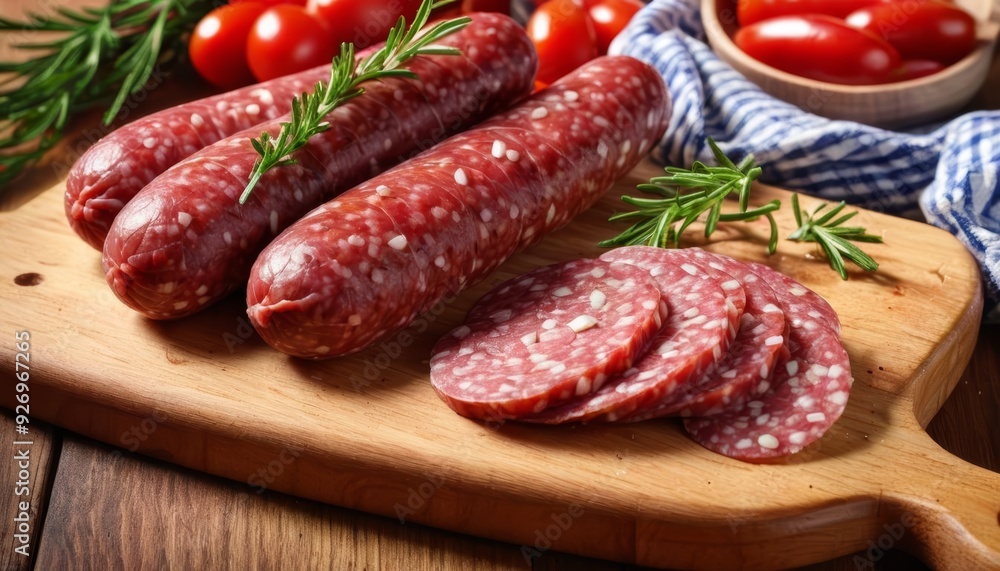 Deliciously prepared sausage links and slices ready to be savored Deliciously prepared sausage links and slices ready to be savored