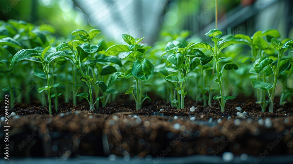 Lush Hydroponic Basil Plants with Submerged Roots for Sustainable Agriculture. Left Side Clear for Text Overlay. Lush Hydroponic Basil Plants with Submerged Roots for Sustainable Agriculture. Left Side Clear for Text Overlay.