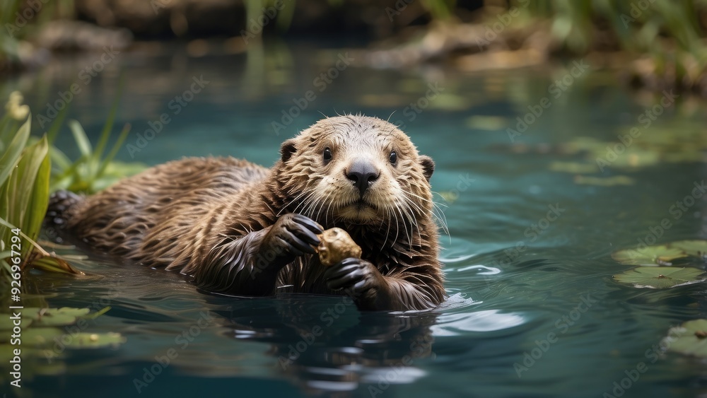 Playful sea otter holding a shell, floating on its back in a clear river, surrounded by aquatic plan