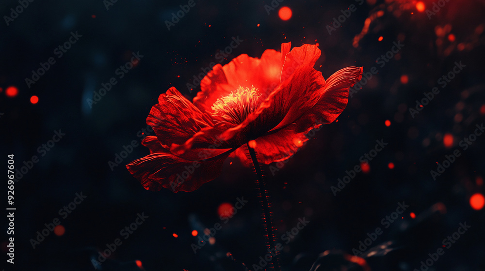 Enchanting Red Poppy Flower: Glowing Aura in the Dark background. Enchanting Red Poppy Flower: Glowing Aura in the Dark background.