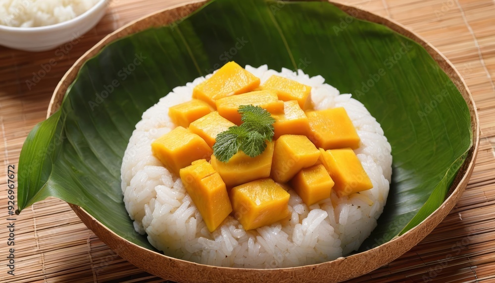 Deliciously fresh mango on a bed of fluffy rice served on a traditional banana leaf plate Deliciously fresh mango on a bed of fluffy rice served on a traditional banana leaf plate