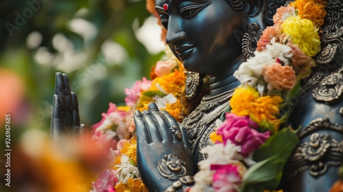 Close-up of a beautifully adorned Hindu deity statue with vibrant flower garlands, giving an aura of peace and devotion. photo