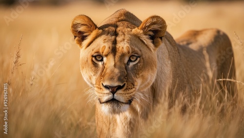 Majestic lioness stalking prey in the African savanna, focused gaze, tall grass, intense moment captured.-