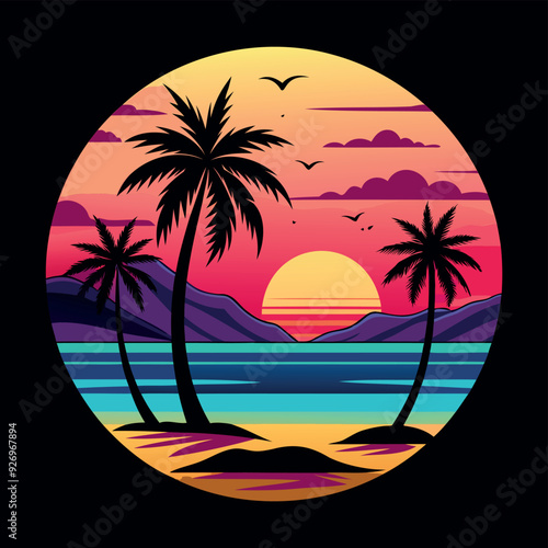 Summer Vector graphic for t-shirt design with beach, sunset, and palm tree