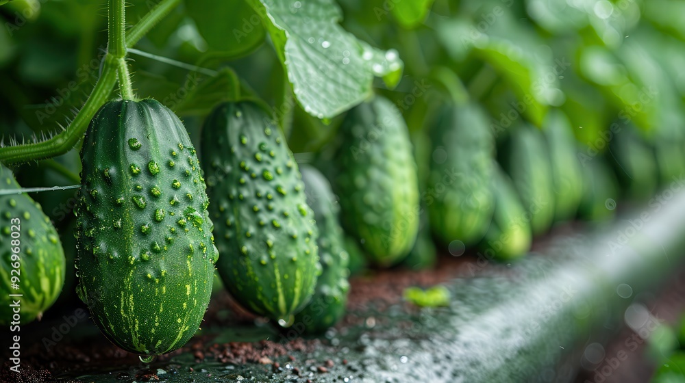Greenhouse Technology: Thriving Cucumber Plants in Drip Hydroponic System | Space for Text on Right Greenhouse Technology: Thriving Cucumber Plants in Drip Hydroponic System | Space for Text on Right