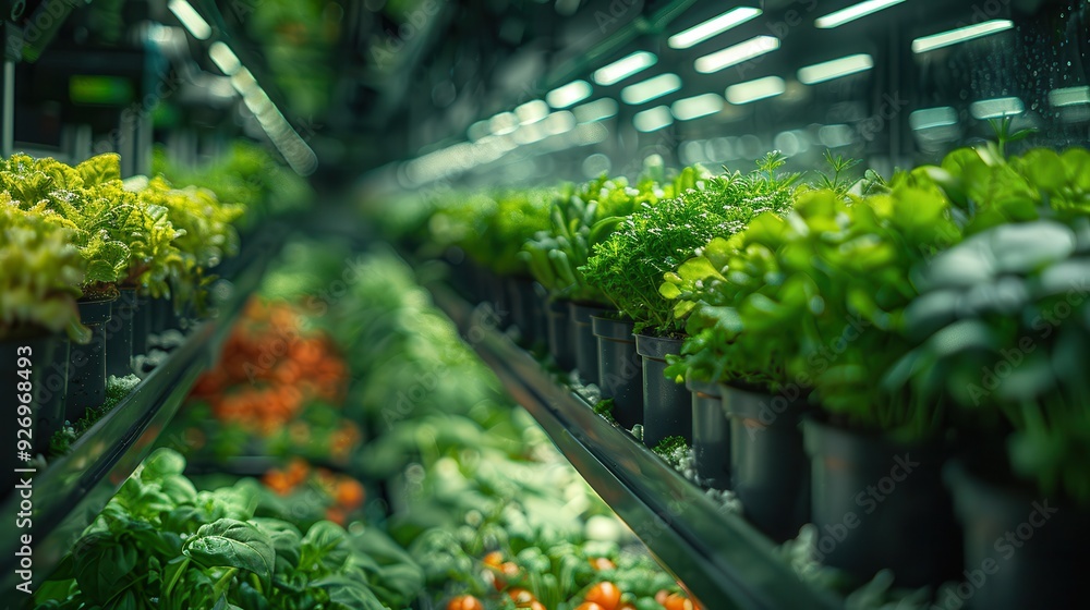 Modern Hydroponic System with Automated Nutrient Delivery and Monitoring, Space for Text on the Right Modern Hydroponic System with Automated Nutrient Delivery and Monitoring, Space for Text on the Right