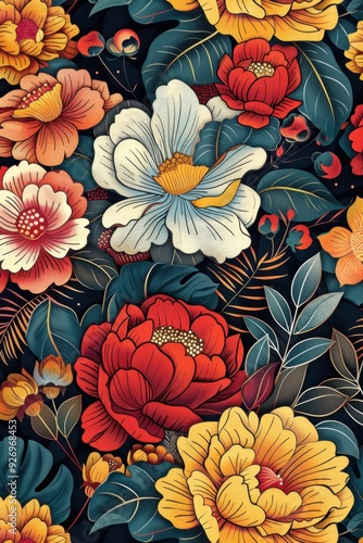 Wallpaper Mural A detailed floral pattern with vibrant colors, featuring intricately designed flowers that draw inspiration from traditional Japanese art. The composition flows naturally, combining surreal  Torontodigital.ca