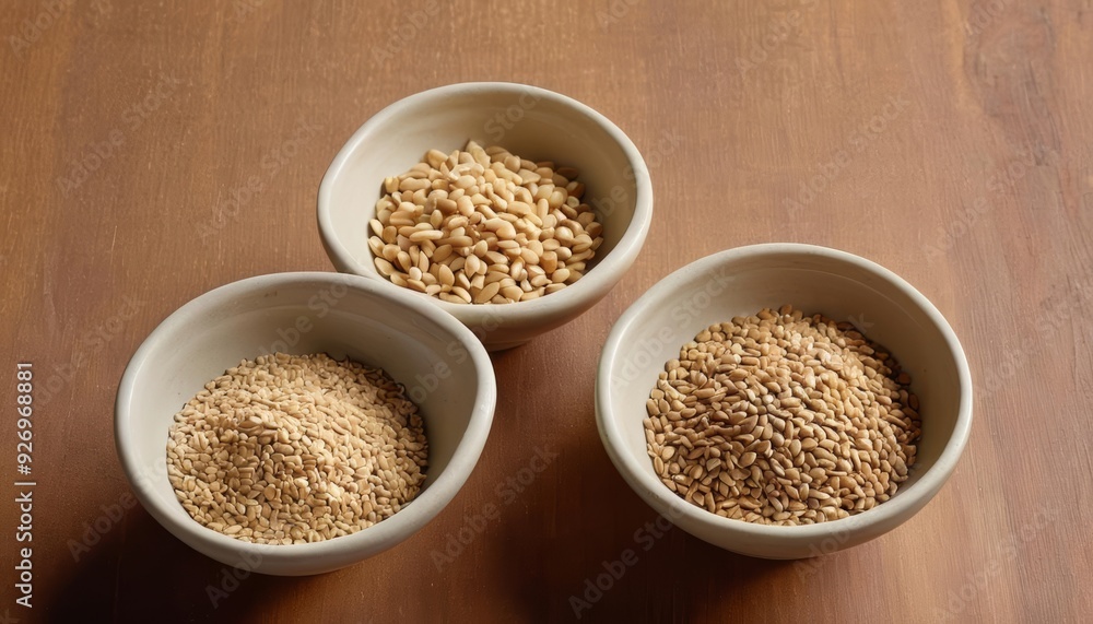 Organic grains in white bowls on wooden table Organic grains in white bowls on wooden table