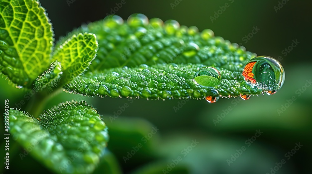 A Transparent Rain Droplet Resting on a Leaf: Nature's Delicate Balance and Microcosm Beauty. Macro Photography of Water Bead on Green Leaf Surface. A Transparent Rain Droplet Resting on a Leaf: Nature's Delicate Balance and Microcosm Beauty. Macro Photography of Water Bead on Green Leaf Surface.