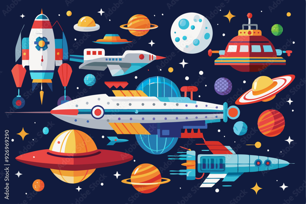 Naklejka premium Spacecraft and Planets in a Dark Blue Galaxy