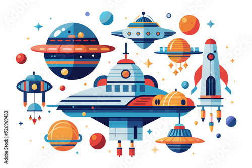 A Colorful Illustration of Spacecraft and Planets