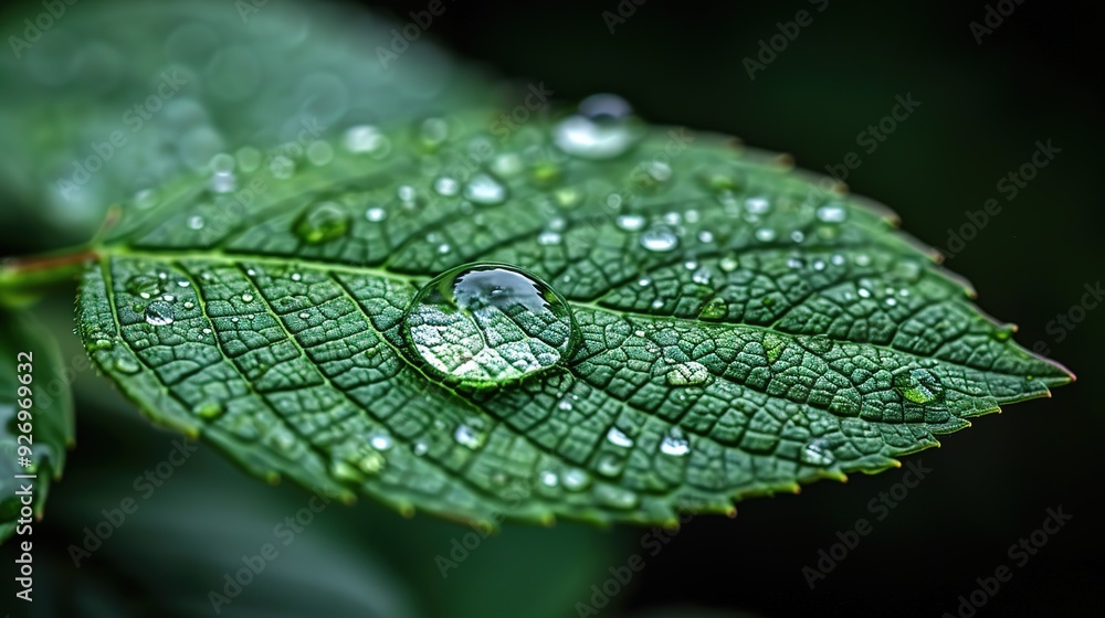 A Transparent Rain Droplet Resting on a Leaf: Nature's Delicate Balance and Microcosm Beauty. Macro Photography of Water Bead on Green Leaf Surface. A Transparent Rain Droplet Resting on a Leaf: Nature's Delicate Balance and Microcosm Beauty. Macro Photography of Water Bead on Green Leaf Surface.