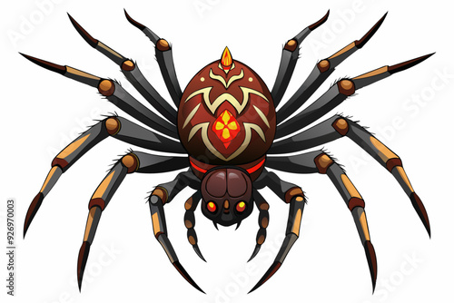 Cartoon illustration of a spider with red eyes and a decorative patterned abdomen