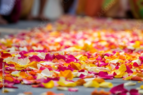 A vibrant array of colorful flower petals scattered on the ground, creating a beautiful and festive atmosphere. photo