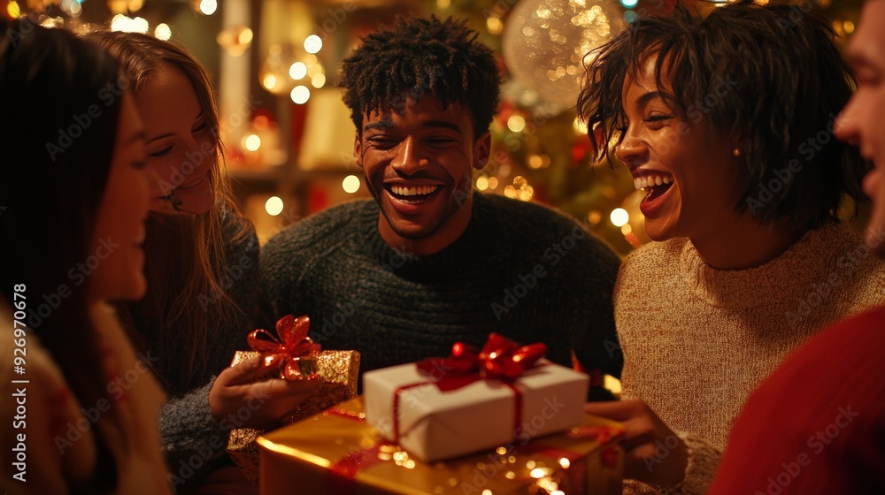 A joyful group of friends exchanging gifts during a festive holiday celebration, surrounded by warm lights and decorations, smiling together. A joyful group of friends exchanging gifts during a festive holiday celebration, surrounded by warm lights and decorations, smiling together.
